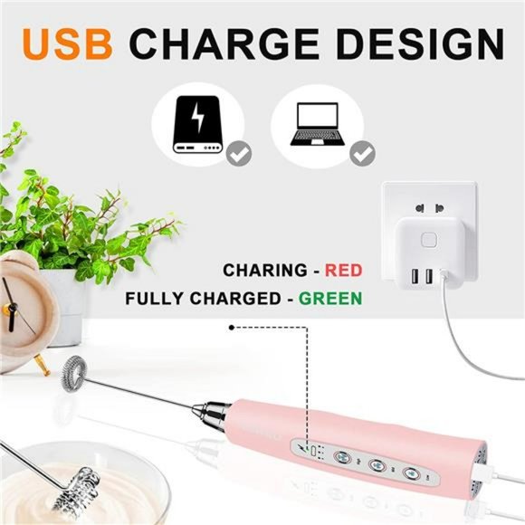 Milk Frother Handheld with 3 Heads, Coffee Whisk Drink Foam Mixer - Pink - Picture 4 of 6